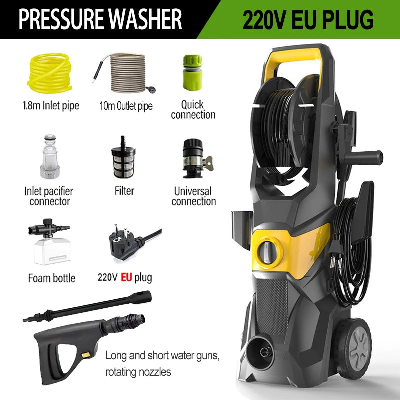 Electric High Pressure Washer2200W,150bar,4 quick-connect nozzles from 0 to 180°,10m Flexible Hose,for Terraces,Gardens,Cars