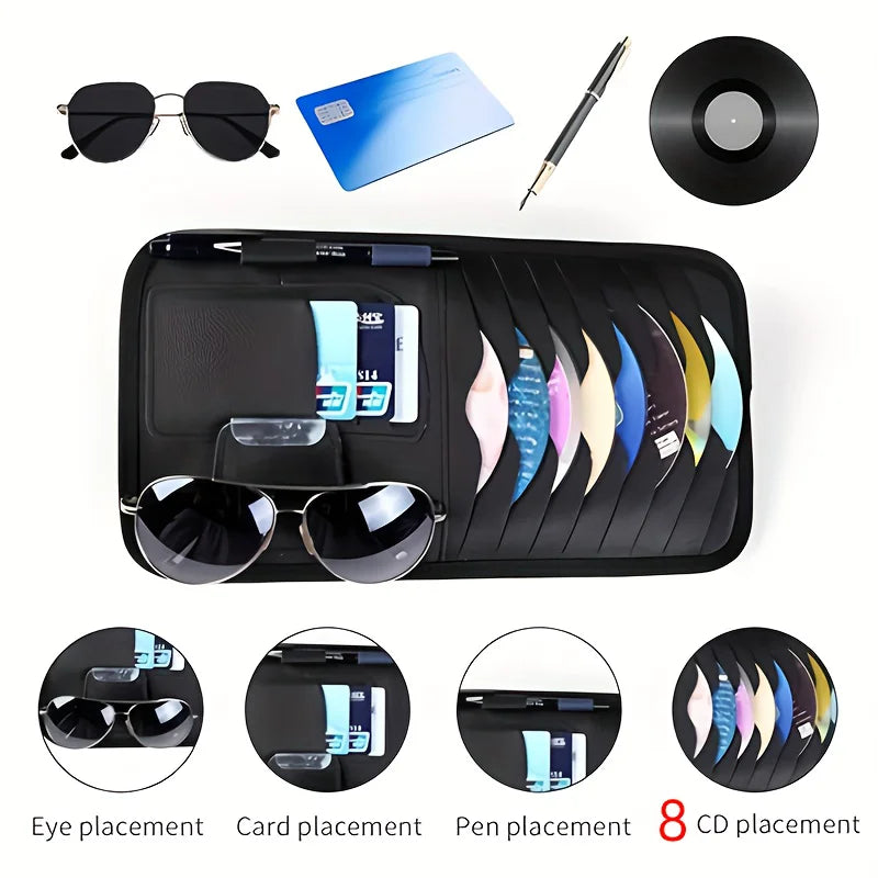 Car sun visor interior accessories，card, sunglasses & pen holders. Car has 8 CD/DVD storage sleeves, black