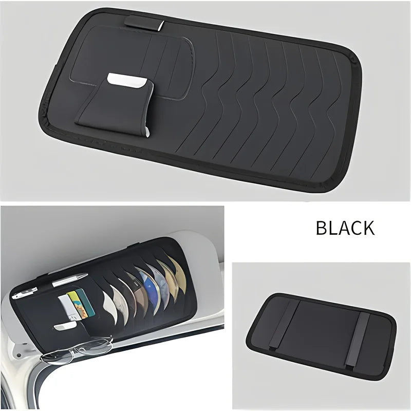 Car sun visor interior accessories，card, sunglasses & pen holders. Car has 8 CD/DVD storage sleeves, black