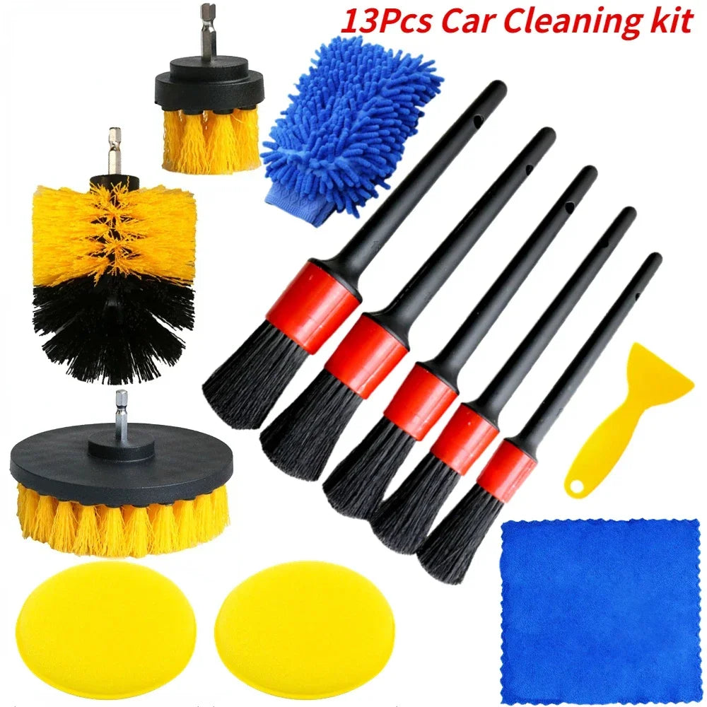 PKWKS New Car Cleaning Kit Scrubber Drill Detailing Brush Set Air Conditioner Vents Towel Polisher Car Auto Detailing Tools