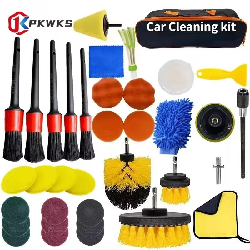 PKWKS New Car Cleaning Kit Scrubber Drill Detailing Brush Set Air Conditioner Vents Towel Polisher Car Auto Detailing Tools