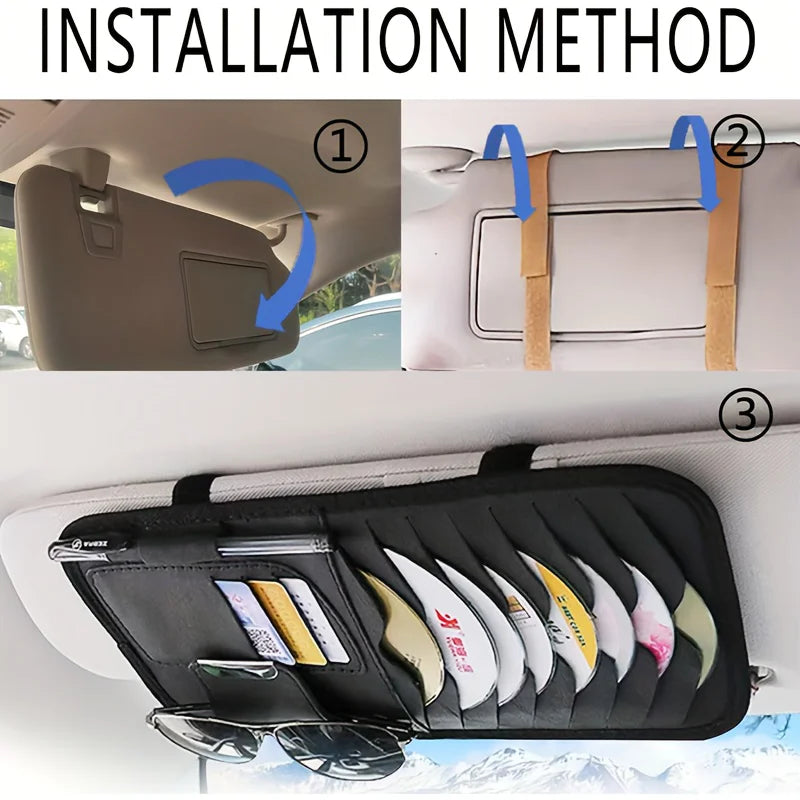 Car sun visor interior accessories，card, sunglasses & pen holders. Car has 8 CD/DVD storage sleeves, black
