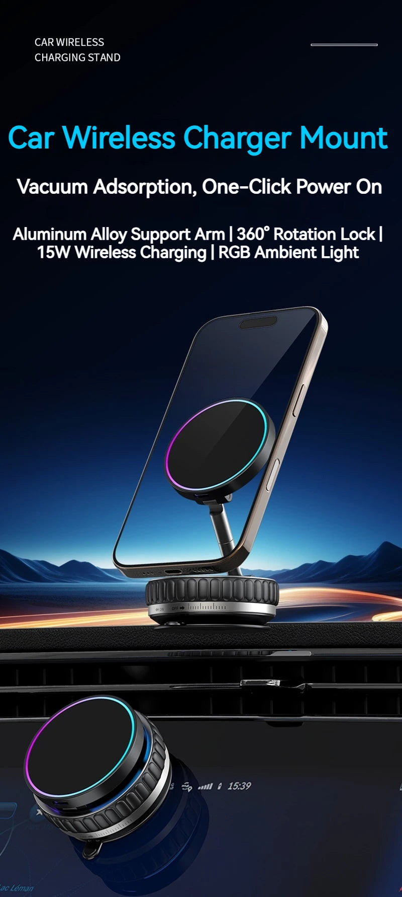 15W Portable K11 Vacuum Magnetic Charging Stand - Strong Suction & Multi-Angle Viewing for Car, Kitchen, Mirror & Fitness