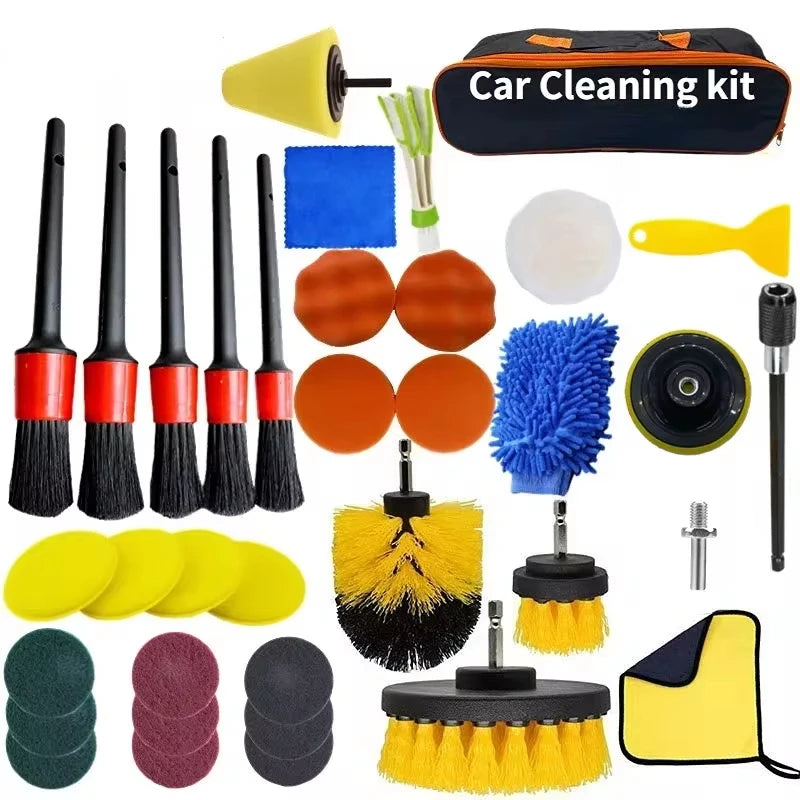 PKWKS New Car Cleaning Kit Scrubber Drill Detailing Brush Set Air Conditioner Vents Towel Polisher Car Auto Detailing Tools