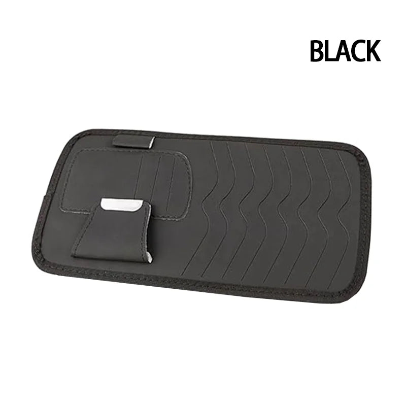 Car sun visor interior accessories，card, sunglasses & pen holders. Car has 8 CD/DVD storage sleeves, black