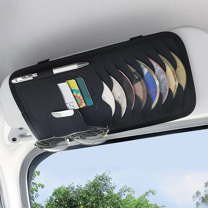 Car sun visor interior accessories，card, sunglasses & pen holders. Car has 8 CD/DVD storage sleeves, black