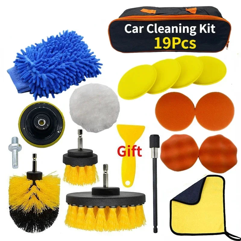 PKWKS New Car Cleaning Kit Scrubber Drill Detailing Brush Set Air Conditioner Vents Towel Polisher Car Auto Detailing Tools