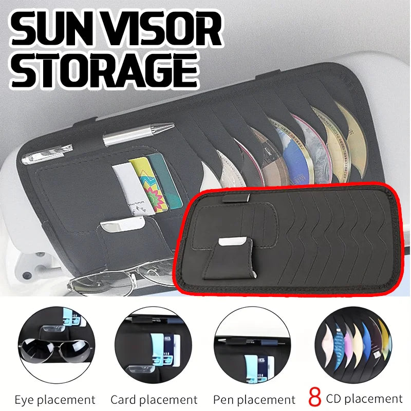 Car sun visor interior accessories，card, sunglasses & pen holders. Car has 8 CD/DVD storage sleeves, black