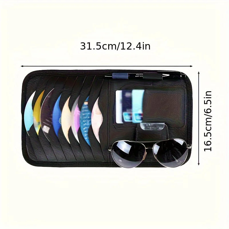 Car sun visor interior accessories，card, sunglasses & pen holders. Car has 8 CD/DVD storage sleeves, black